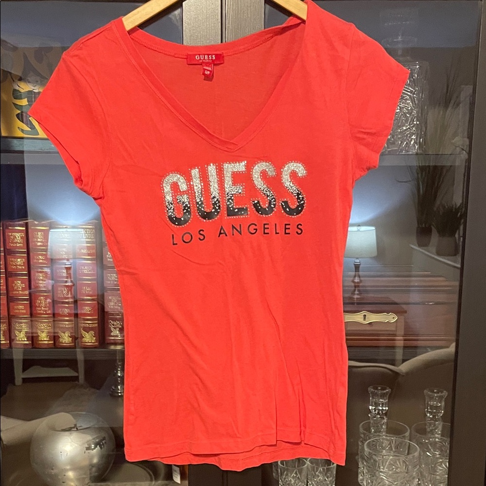 GUESS Red Short Sleeve Tee with Logo